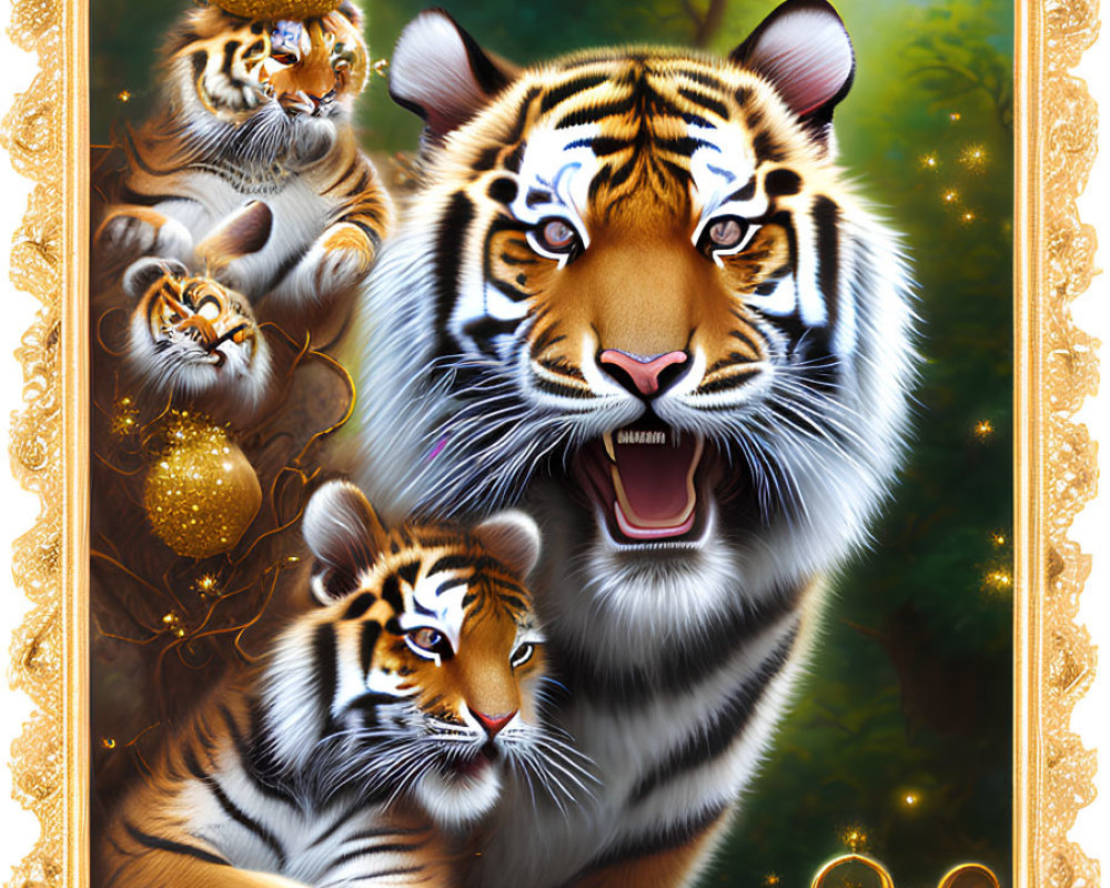 Illustration of ornate tiger family with golden ornaments and roaring adult tiger.