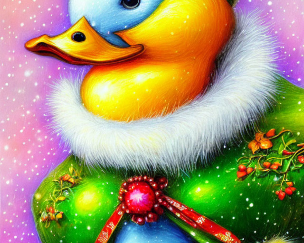 Colorful Duck in Santa Hat and Holiday Coat in Snowy Scene