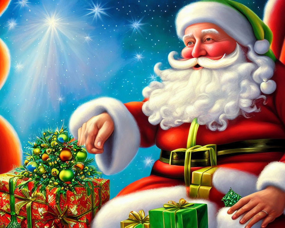 Smiling Santa Claus placing gifts by Christmas tree