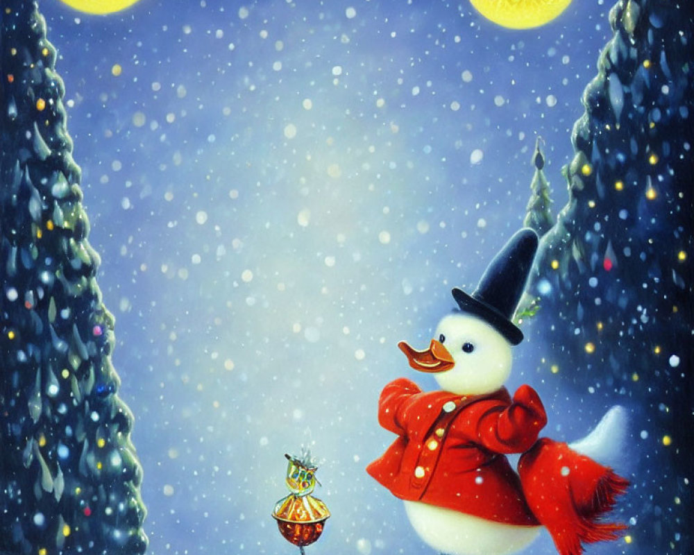 Cheerful snowman with lantern in snowy scene