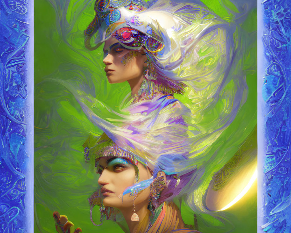 Regal figure in ornate headgear and jewelry on vibrant mystical background