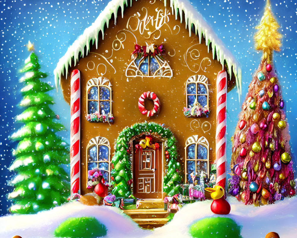 Festive Christmas scene with gingerbread house, snow-covered trees, ducks, and lights