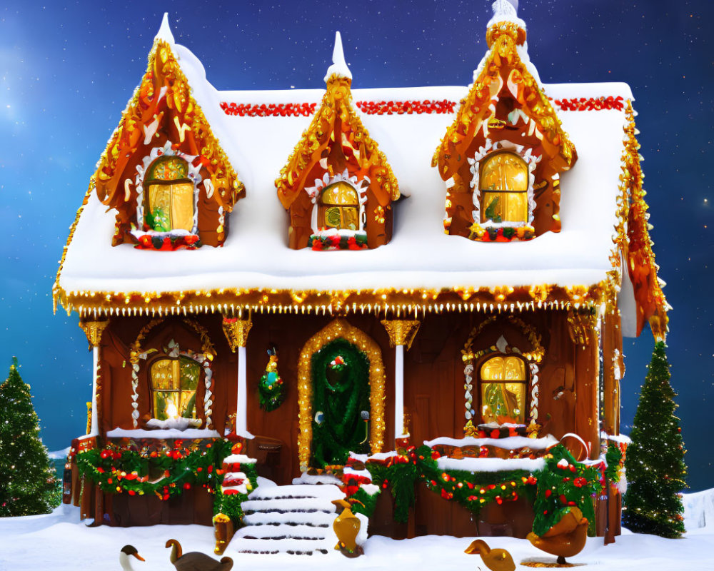 Gingerbread house with Christmas decorations in snowy scene with ducks and starry sky