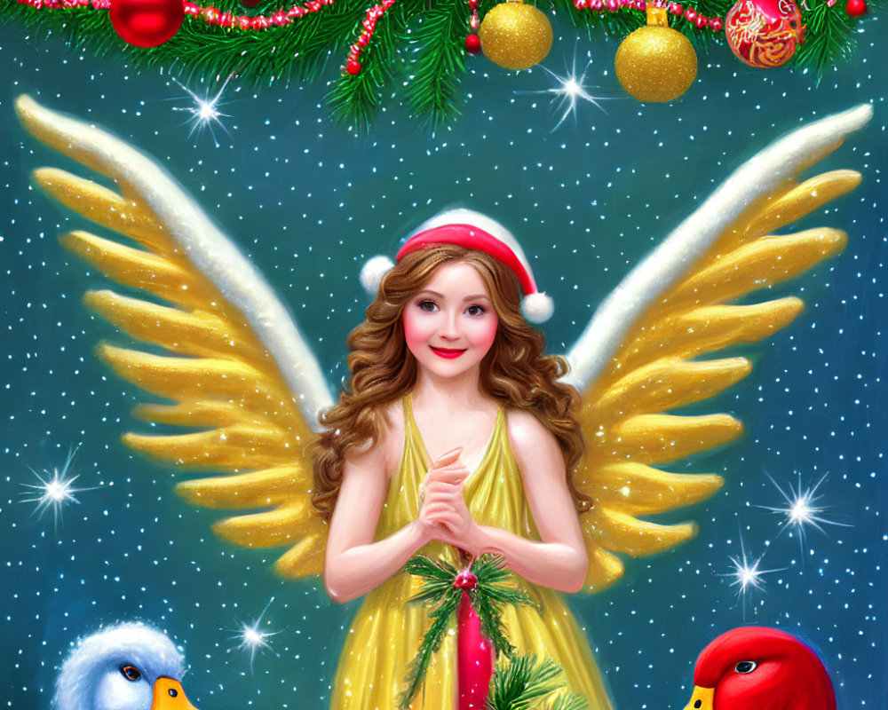 Illustrated angel in Santa hat with glowing wings and ducks on festive Christmas backdrop