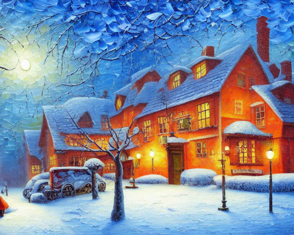 Snow-covered cottages, car, streetlights, and tree in twilight winter scene