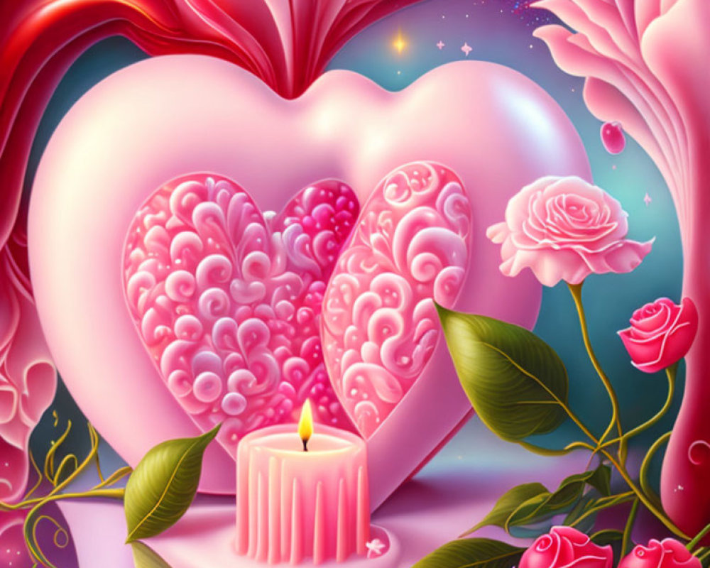 Colorful Heart and Flowers Illustration with Candle in Love-themed Scene