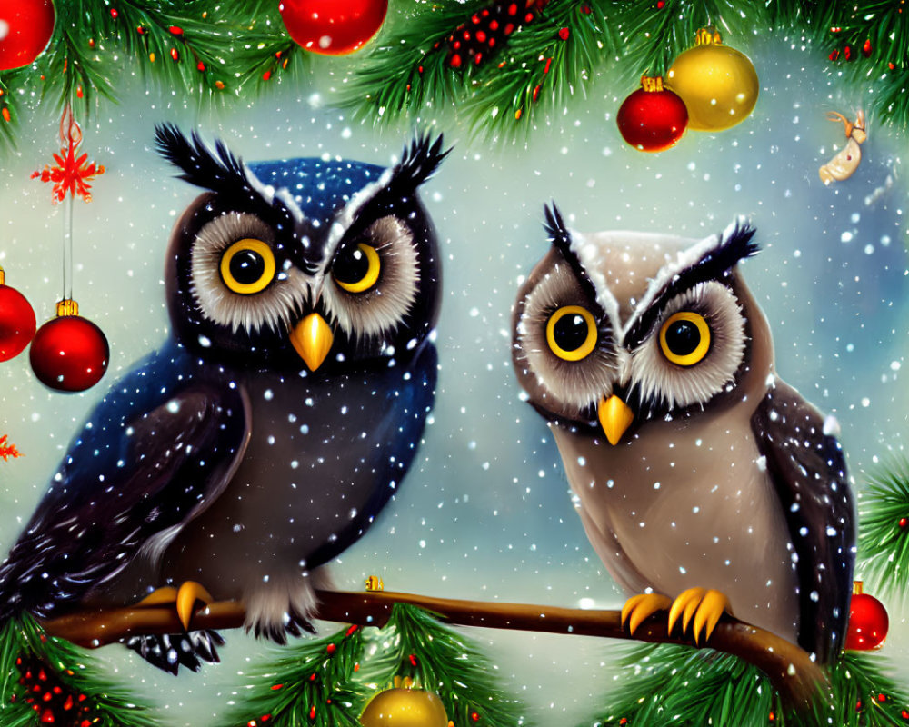 Illustrated owls on branch with Christmas decorations in snow