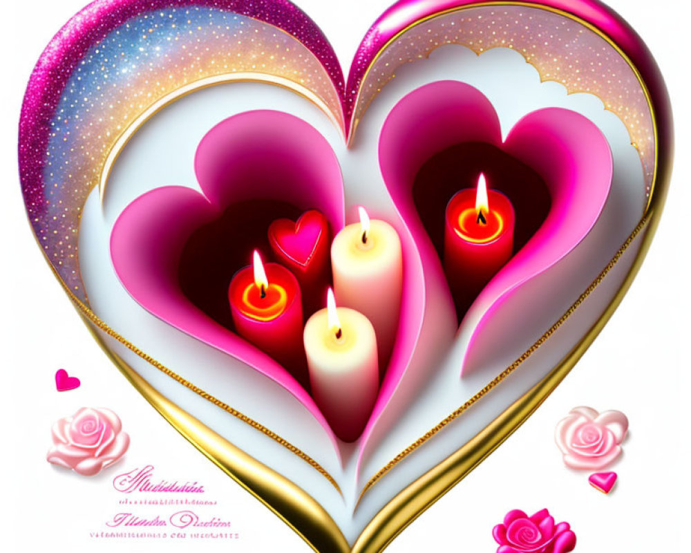 Layered heart graphic with candles and roses on white background