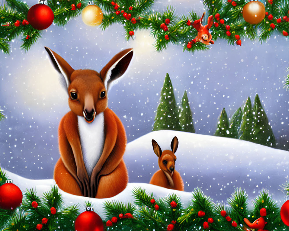 Kangaroos in snowy Christmas scene with pine trees and ornaments