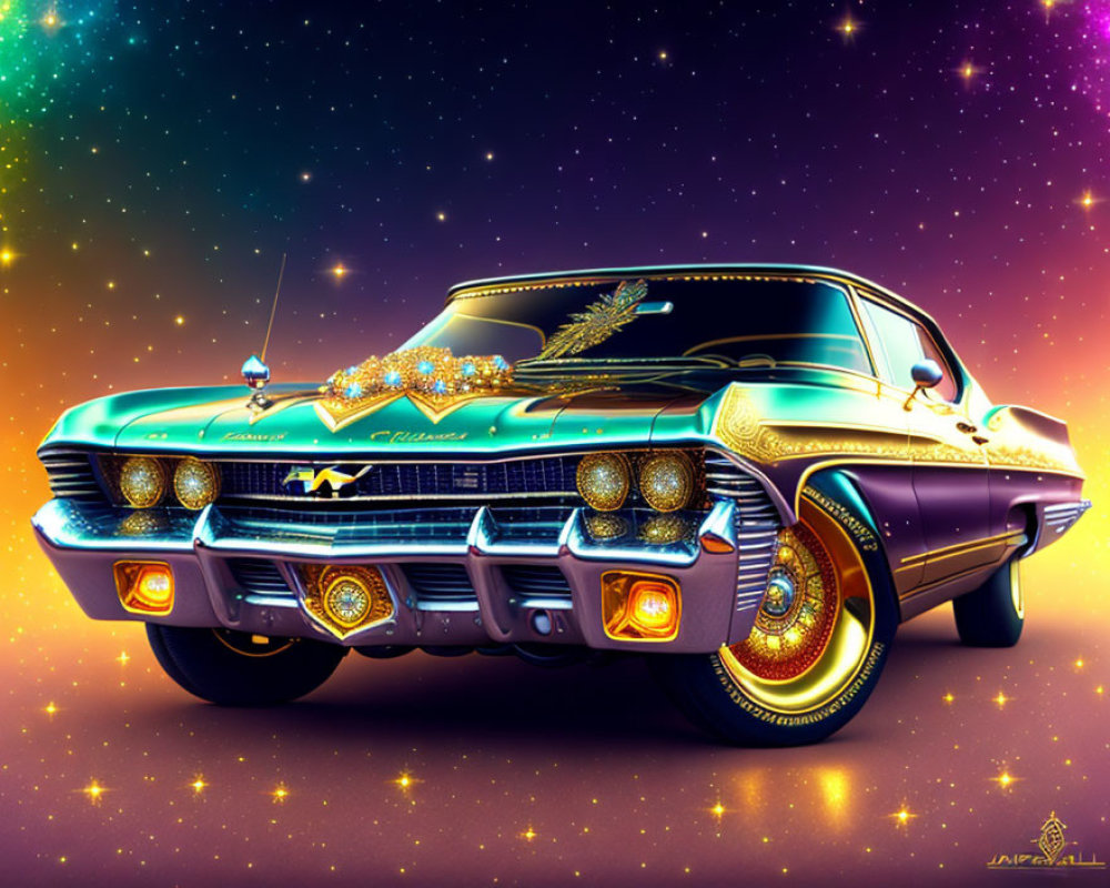 Colorful classic car illustration on cosmic background