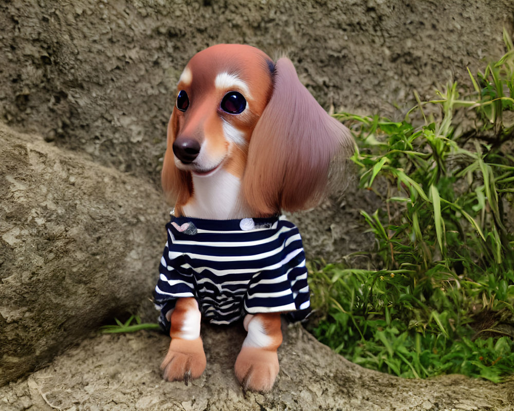 Digitally altered image of dachshund with oversized human head in striped shirt by rock and plants