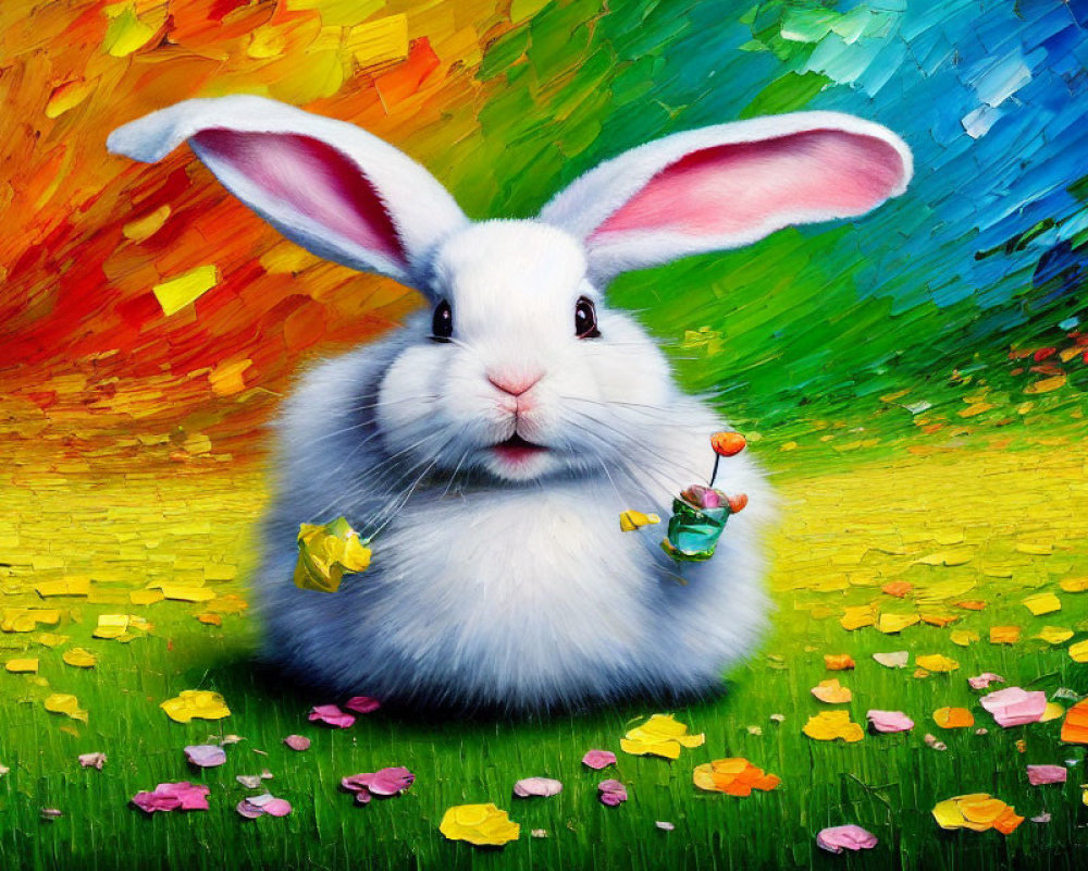 Colorful White Rabbit Painting with Flowers and Spectrum Background