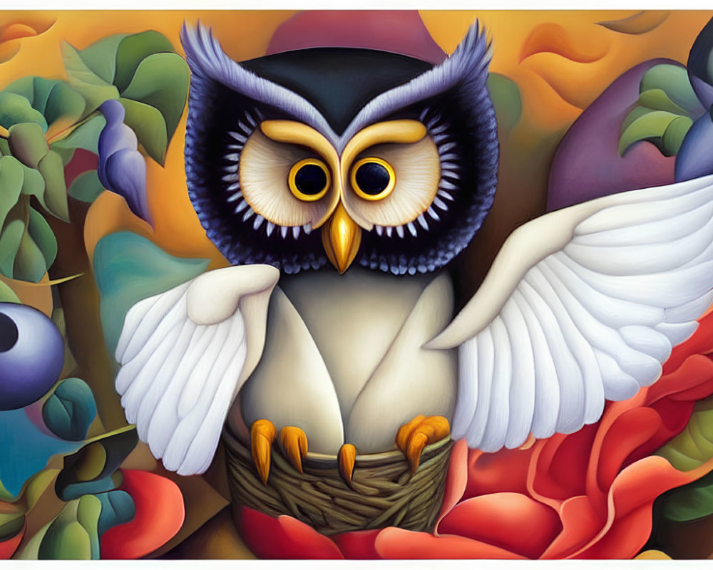 Stylized owl painting perched on branch with outstretched wings