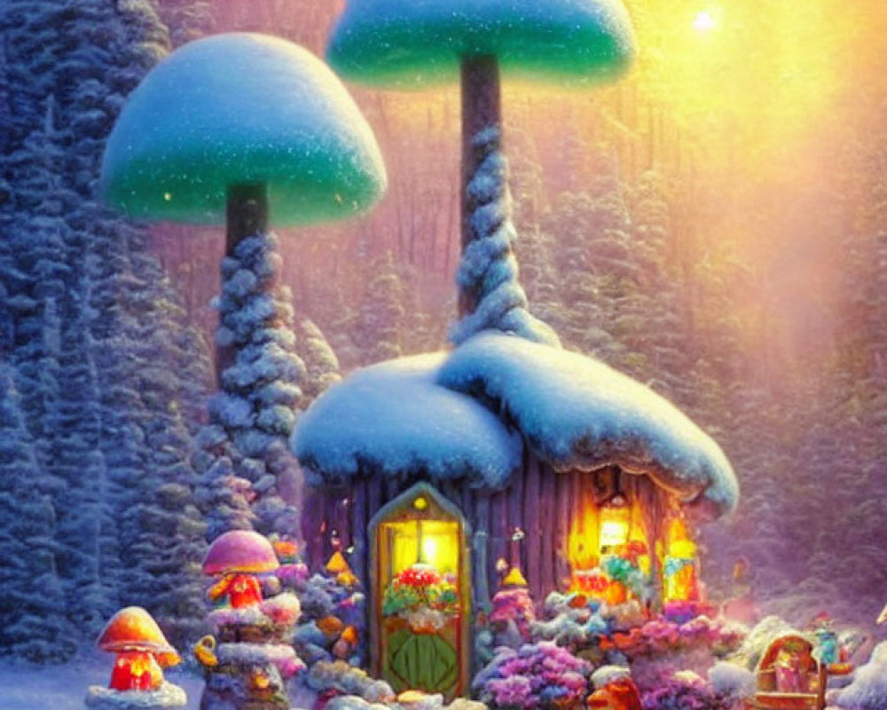 Cozy cottage in snowy forest with mushroom-like trees