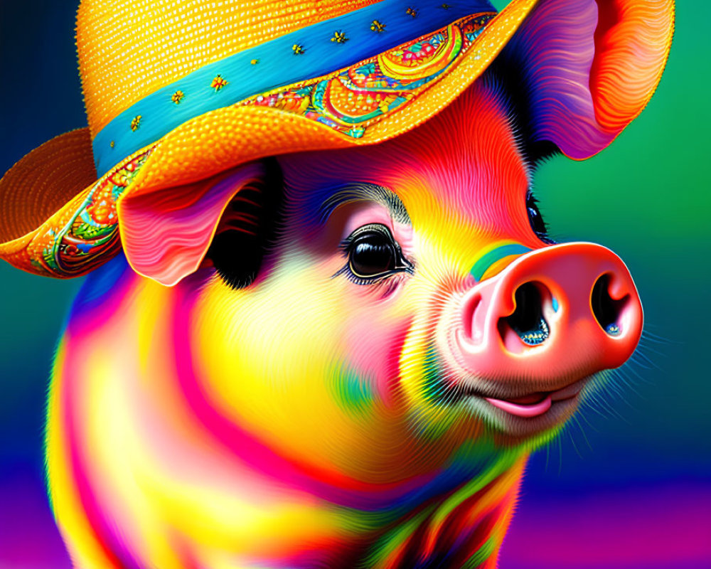 Vibrant pig illustration with orange hat on multicolored background