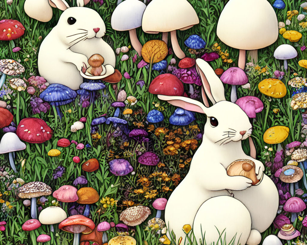 White rabbits among colorful mushrooms and flowers in lush meadow.