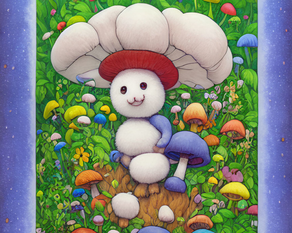 Whimsical illustration of cute mushroom character in starry night