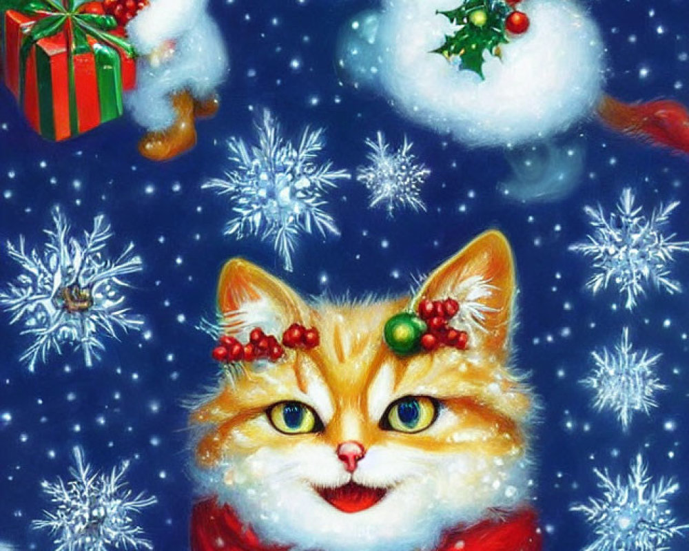 Festive cats in Christmas attire with snowflakes, Santa hats, scarves, and h