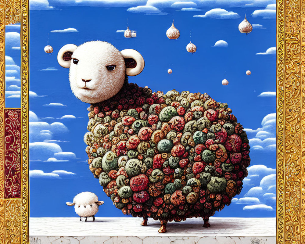 Colorful flower sheep and blue sky artwork with patterned frame