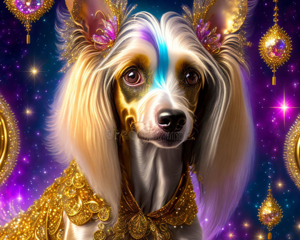 Regal dog with flowing hair and gold jewelry in cosmic setting