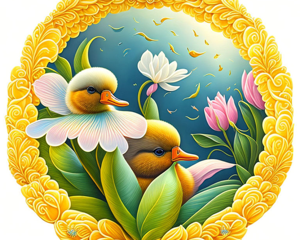 Stylized cartoon ducklings in golden circular frame with lush foliage.