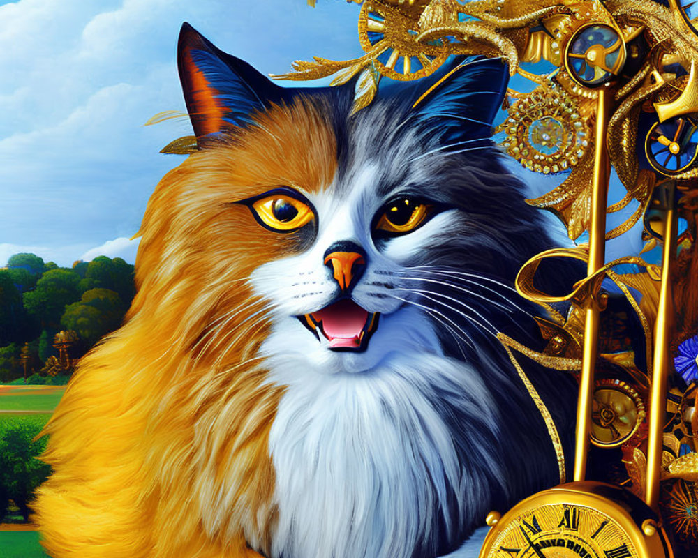 Detailed Illustration of Fluffy Cat with Golden Gears and Pocket Watch