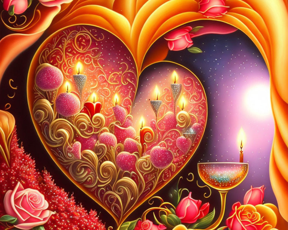 Colorful heart with roses, candles, and swirls on golden backdrop