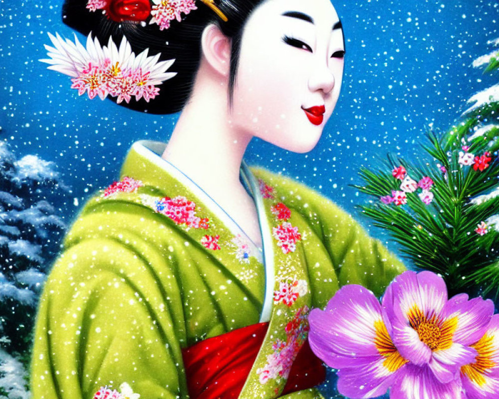 Geisha illustration in green kimono with floral hair accessories and snowflakes.