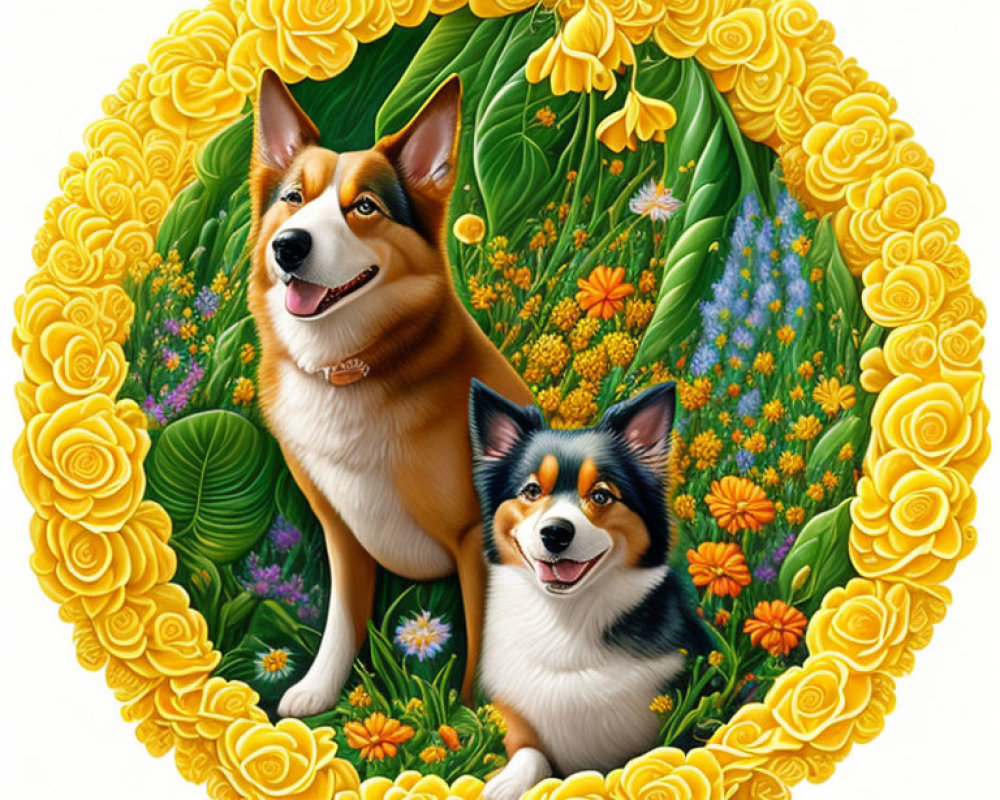 Two Pembroke Welsh Corgis in vibrant floral circle frame