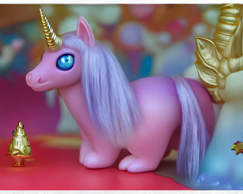 Pink unicorn with golden horn, violet mane, and blue eyes alongside miniature bell and fairy creatures