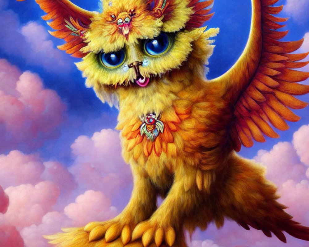 Colorful Fluffy Creature with Blue Eyes, Orange Fur, Wings, and Jewel