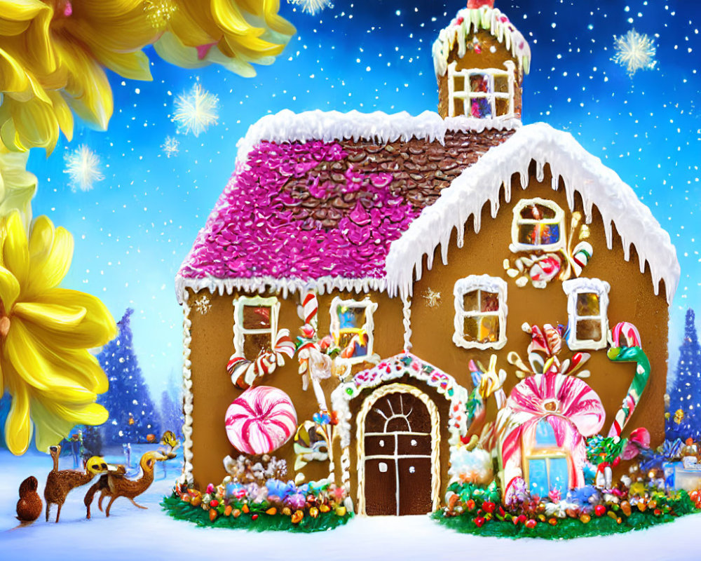 Colorful Gingerbread House with Candy Decorations and Snowy Night Sky