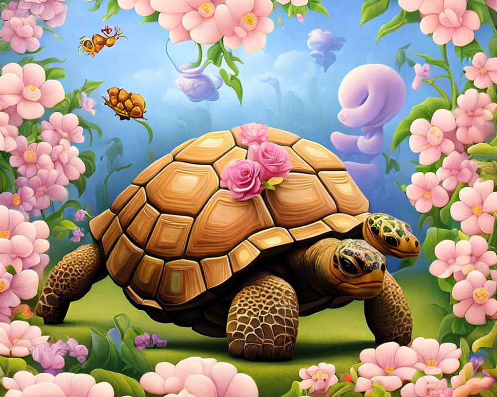 Vibrant turtle illustration with floral shell and buzzing bees in whimsical setting