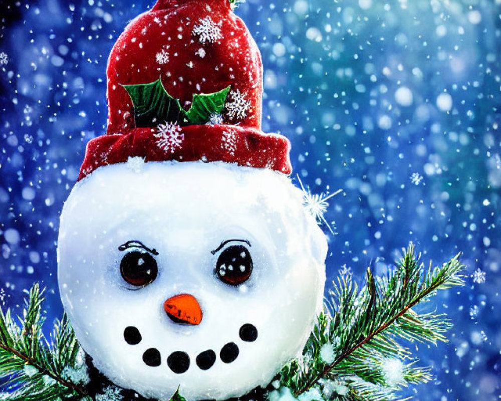 Snowman with Santa Hat and Greenery in Snowy Scene