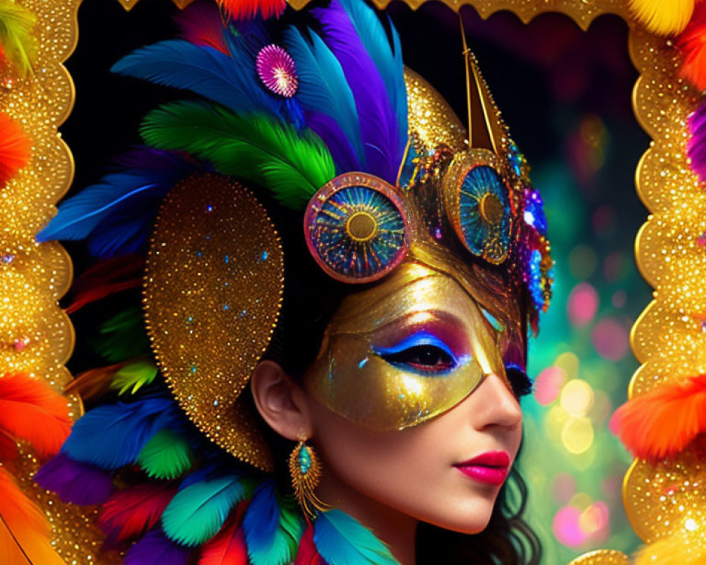 Colorful Peacock Feather Headdress and Golden Masquerade Mask with Bokeh Lights