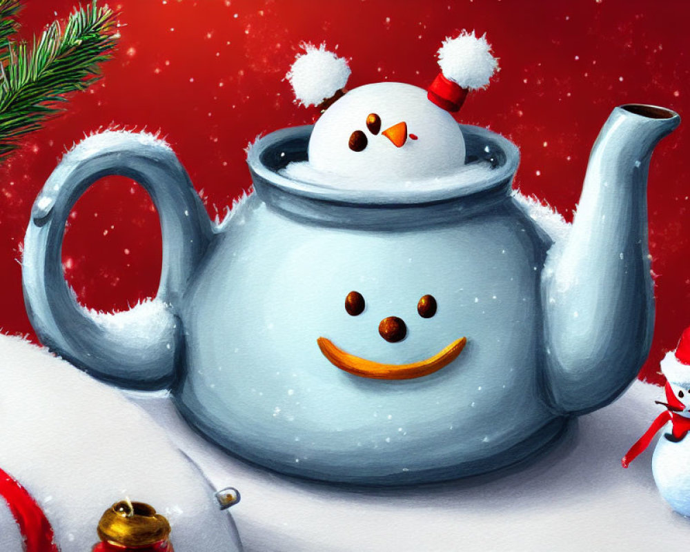 Snowman-themed teapot illustration with smiling face and snowman on red background.