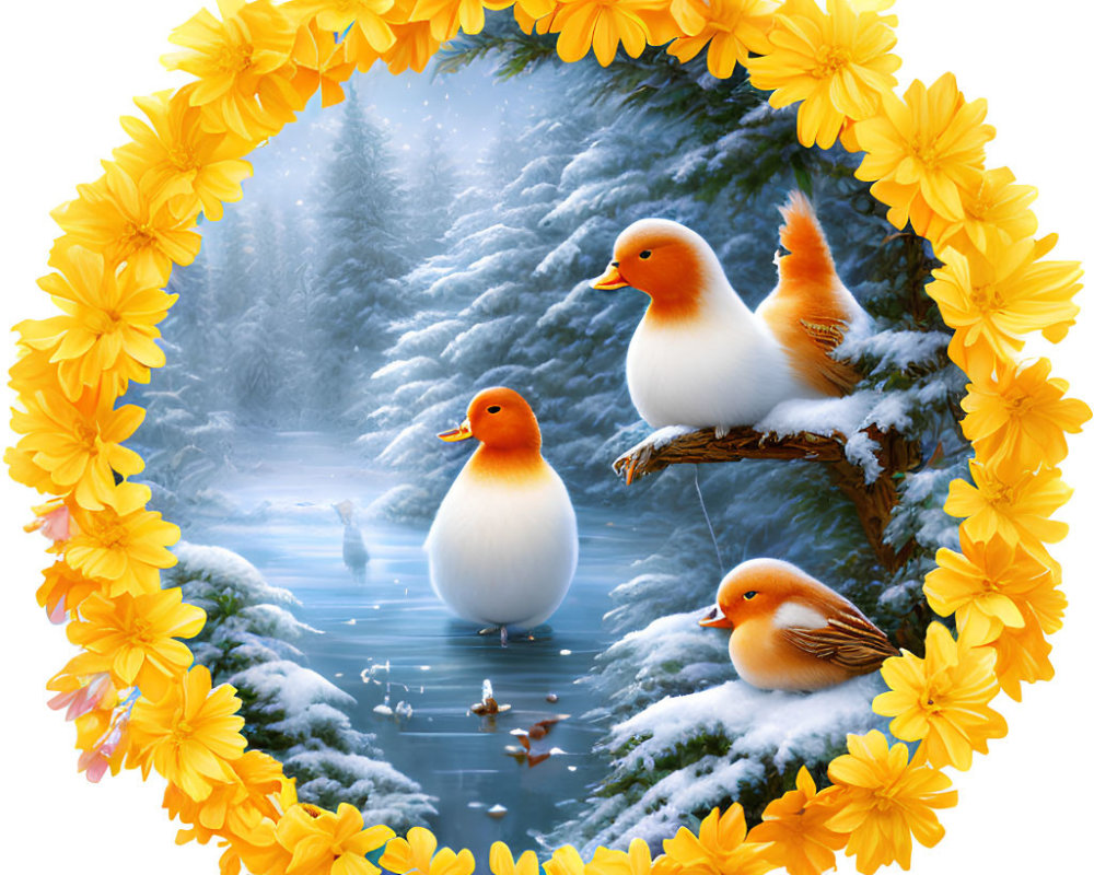 Vibrant ducks in wintry forest with yellow flower frame