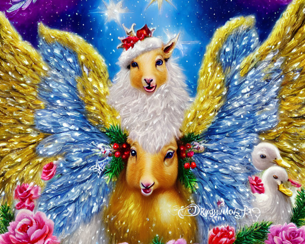 Illustration of angelic llama with blue wings in festive holiday scene