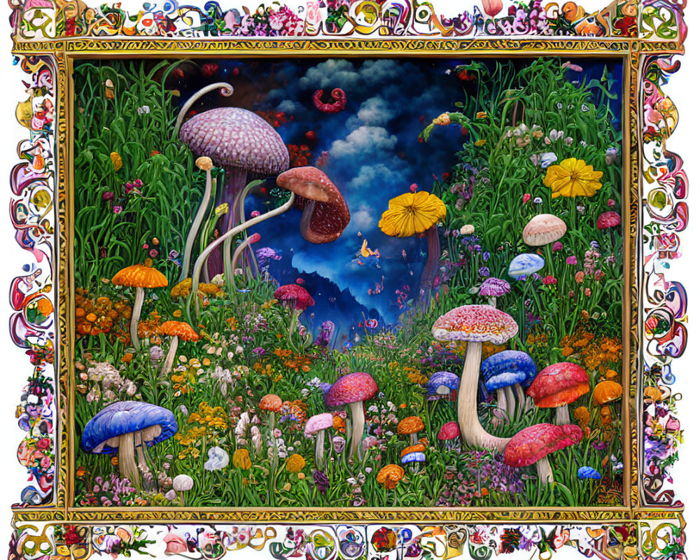 Illustration of Enchanted Mushroom Forest with Floral Frame