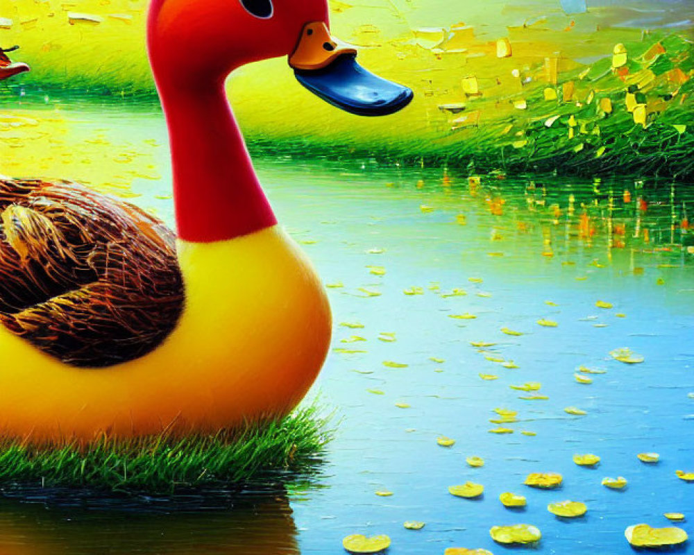 Colorful Toy Duck Floating on Water with Yellow Leaves in Rainy Stained Glass Scene