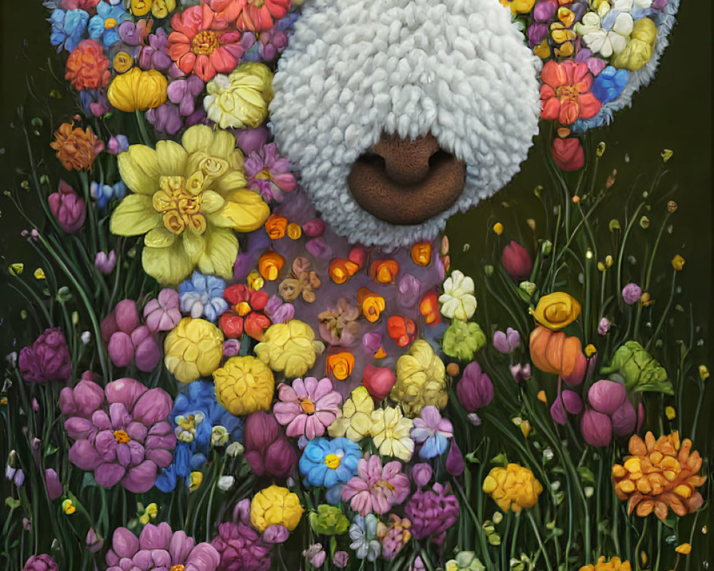 Vibrant flower sheep illustration on dark background