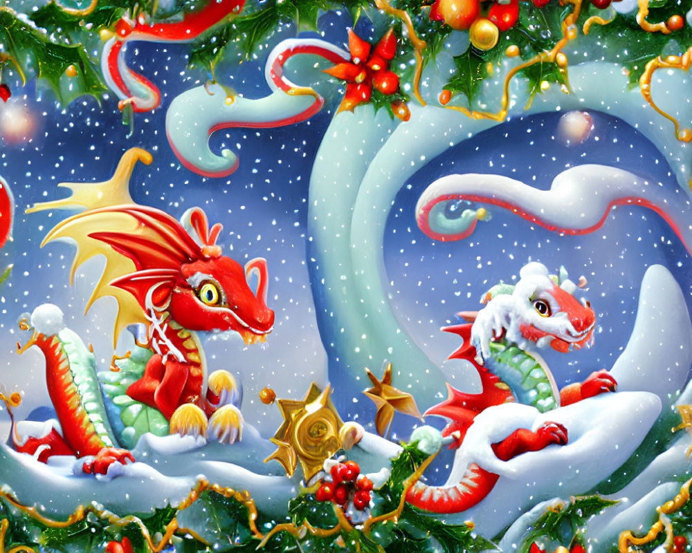 Festive illustration of whimsical dragons in Christmas setting