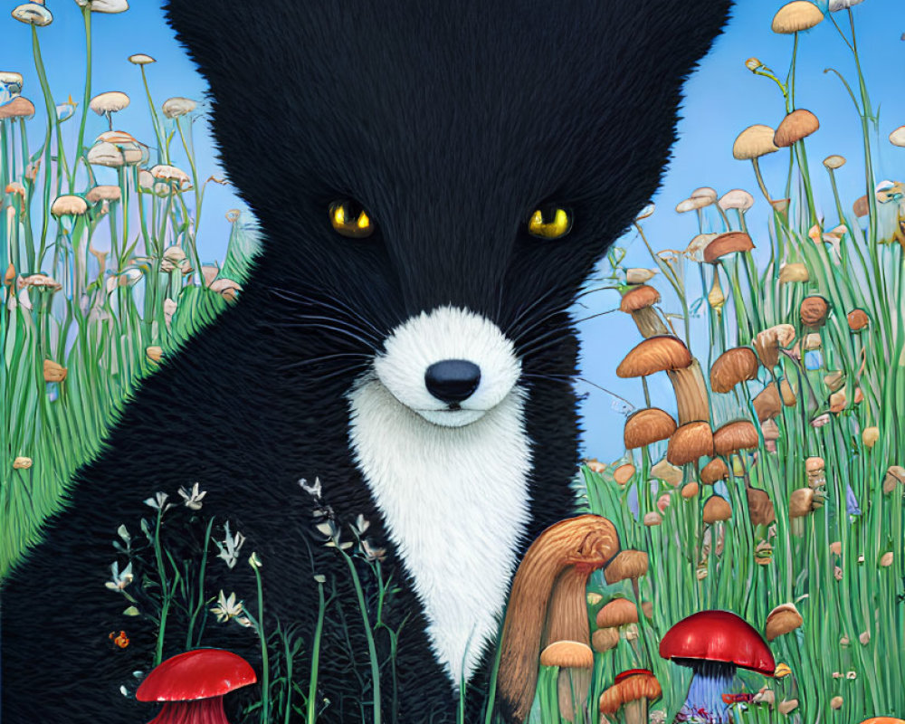 Stylized black fox with white face in colorful mushroom scene