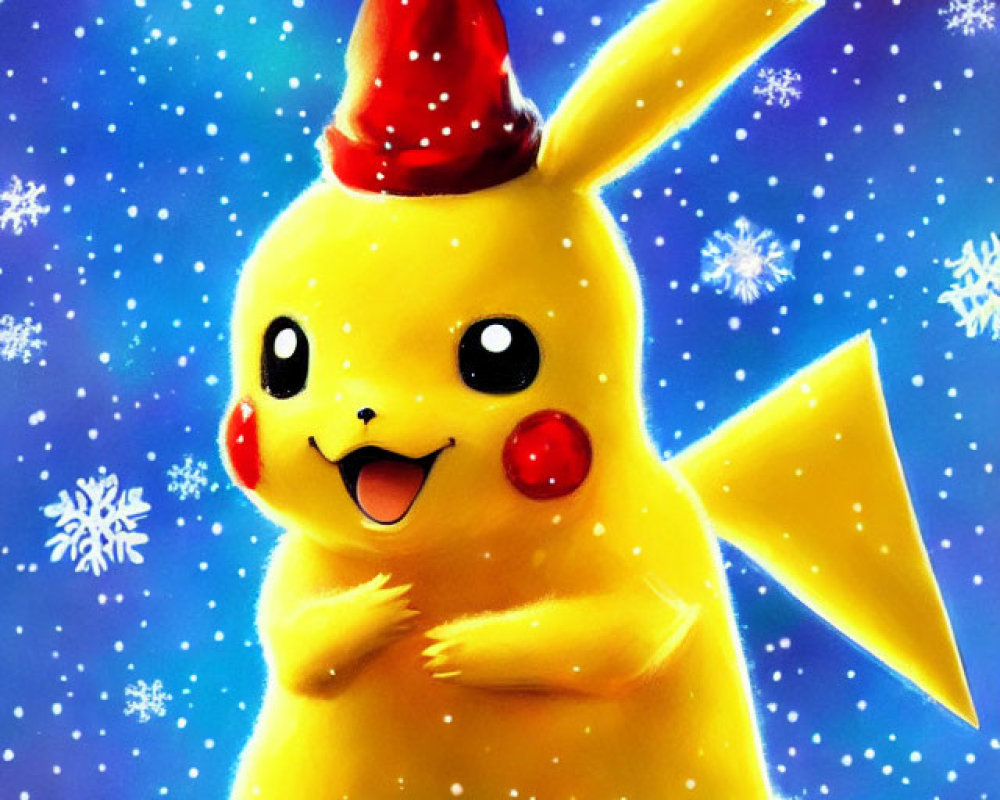 Pikachu in Santa Hat with Snowflakes Illustration