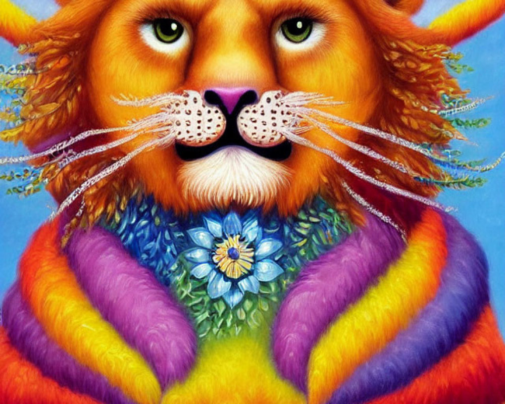 Vibrant painting of majestic lion with crown and smaller lion in colorful fur