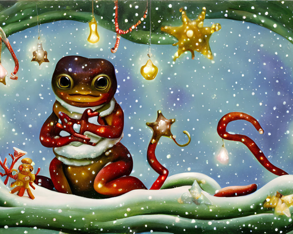 Festive Salamander in Santa Hat Surrounded by Winter Scene