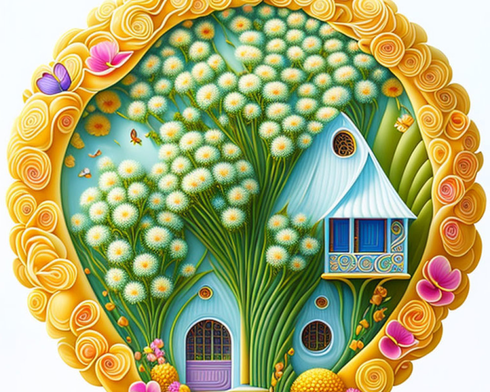 Circular Whimsical Artwork of Vibrant Fantasy House and Nature Scene