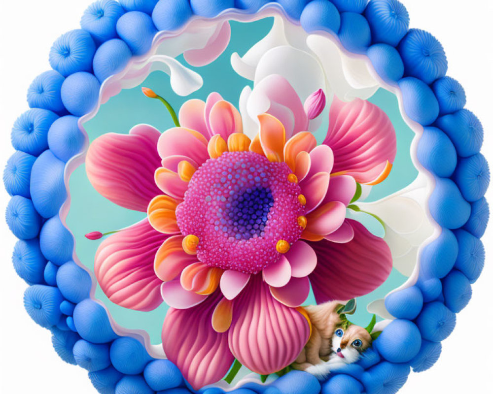 Colorful digital artwork: Pink flower, blue spheres, and adorable puppy