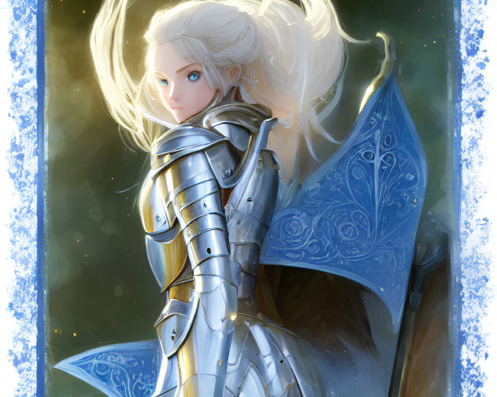 Illustrated female knight in silver armor with glowing white hair and flag on starry backdrop