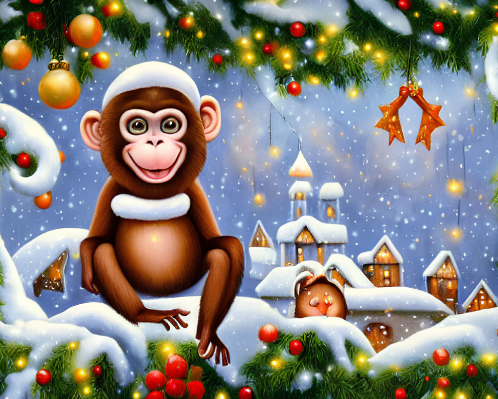 Festive monkey in Santa hat on snowy branch with village backdrop